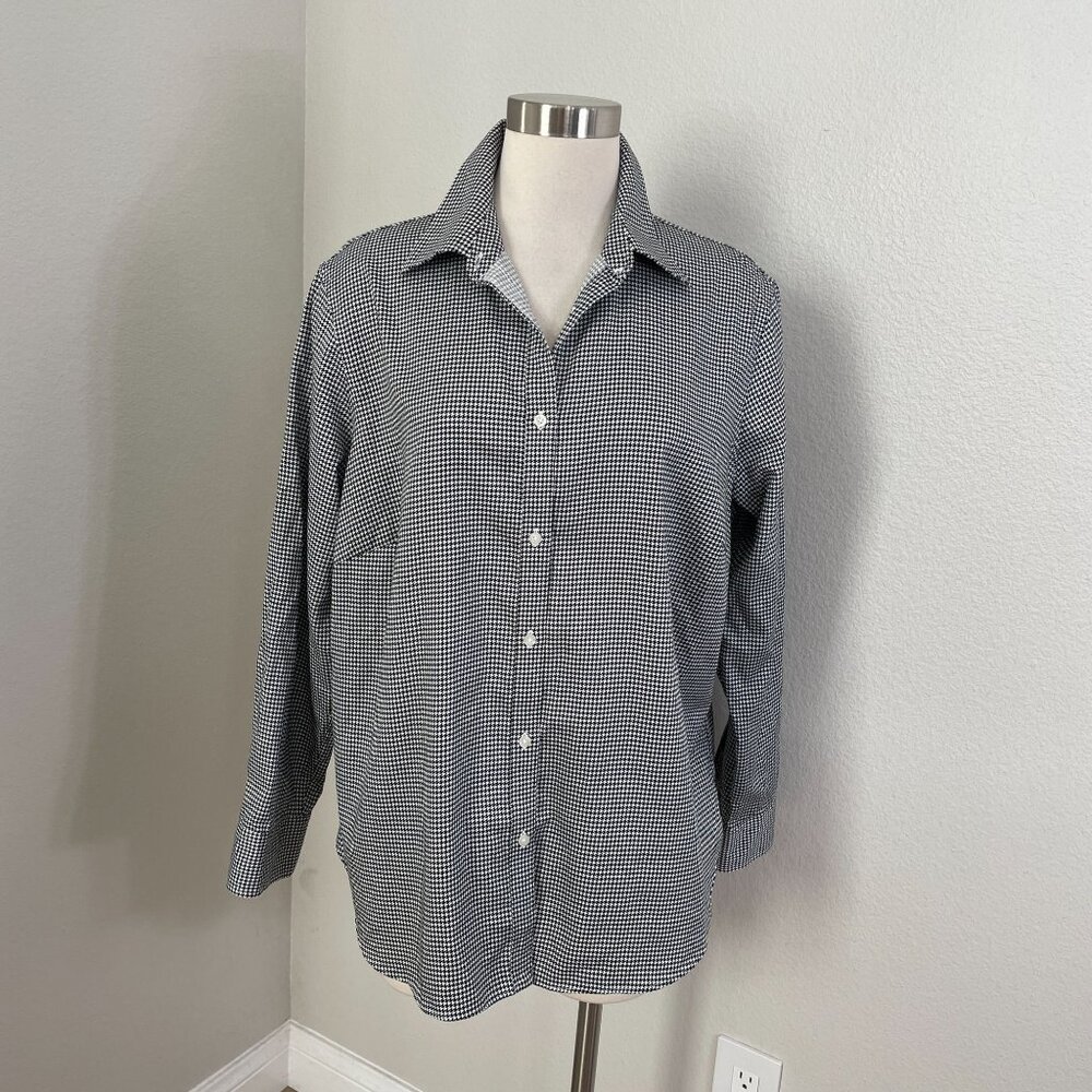 Chaps Womens Plus‎ 1X Black White Houndstooth No Iron Button Up Shirt Blouse